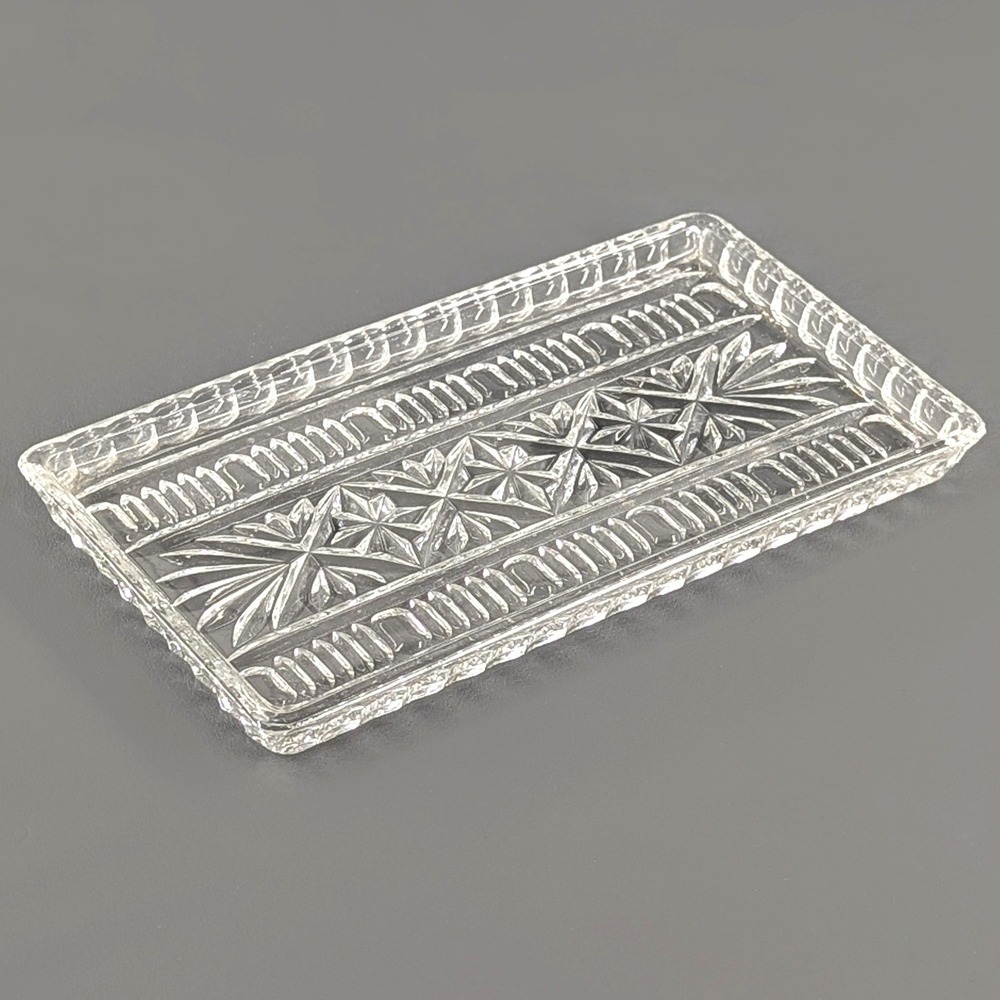 Vintage Clear Pressed Glass Rectangular Vanity Tray Starburst Pattern 7in